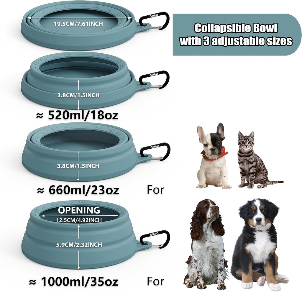 OHMO Spill Proof Collapsible Dog Bowl, 34oz Portable Dog Water Bowl | Low Center Gravity Stability, Tapered Splash Control, Foldable, Dishwasher Safe, Dog Travel Essential, Light Blue