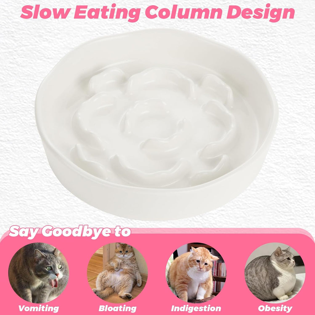 4Pcs Ceramic Cat Slow Food Feeder, 6 Inch Slow Feeder for Small Dogs, Cat Food Bowl for Dry Food and Wet Food, White and Pink