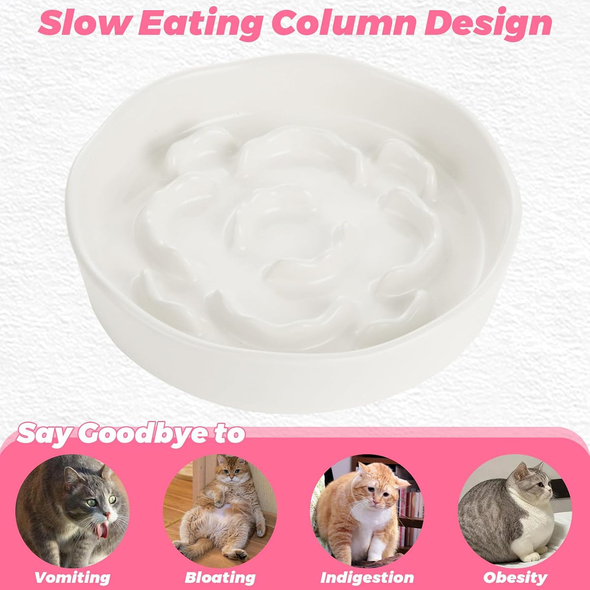 4Pcs Ceramic Cat Slow Food Feeder, 6 Inch Slow Feeder for Small Dogs, Cat Food Bowl for Dry Food and Wet Food, White and Pink