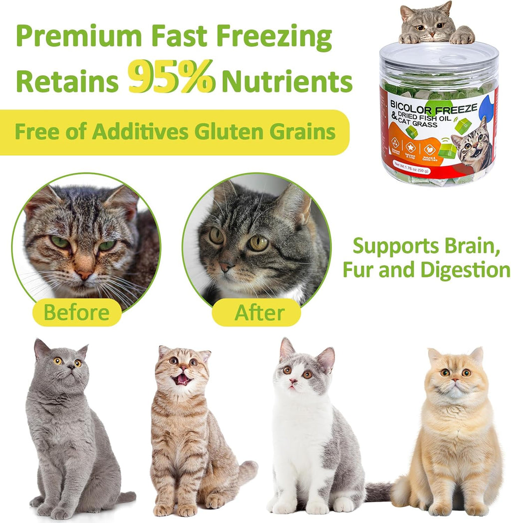 Freeze-Dried Cat Grass Treats with Omega-3 Fish Oil Blend - Hairball Control, Skin & Coat Health for Cats (Chicken & Fish Oil, 1.76 oz)