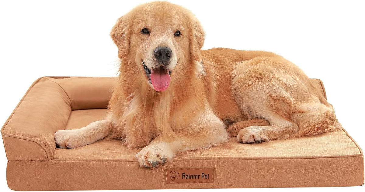 Rainmr Microsuede Dog Bed Orthopedic Washable - Small Medium XLarge Dogs - Memory Foam Couch Sofa with Waterproof Removable Cover, 41x27 Inches, Khaki