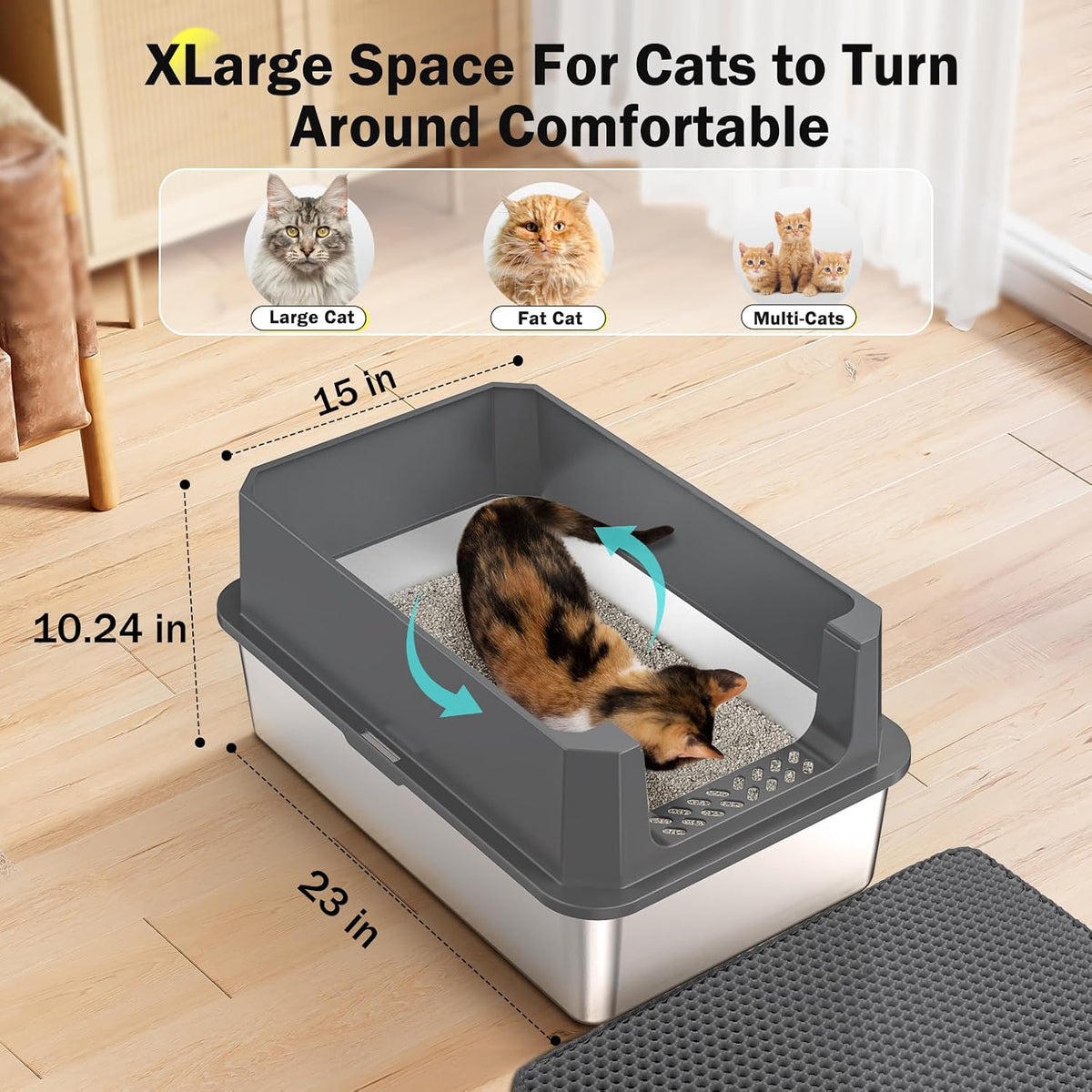 Stainless Steel Litter Box, Extra Large Litter Boxes for Big Cats, XLarge Metal Cat Litter Box with Lid, Anti-Urine Leakage XL Box with High Sides, Easy Clean, Non-Sticky, Scoop Included