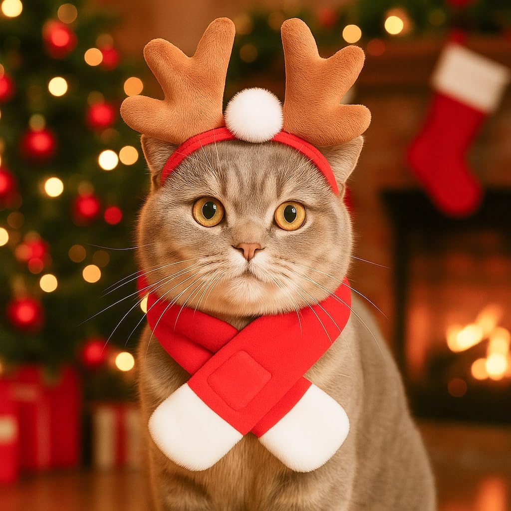 NAMSAN Pet Reindeer Costume for Cats Small Dogs Rabbits, Christmas Cat Antler Headband with Red Scarf, Small Dog Santa Deer Antler Outfit for Christmas New Year Party Cosplay Statue Decoration