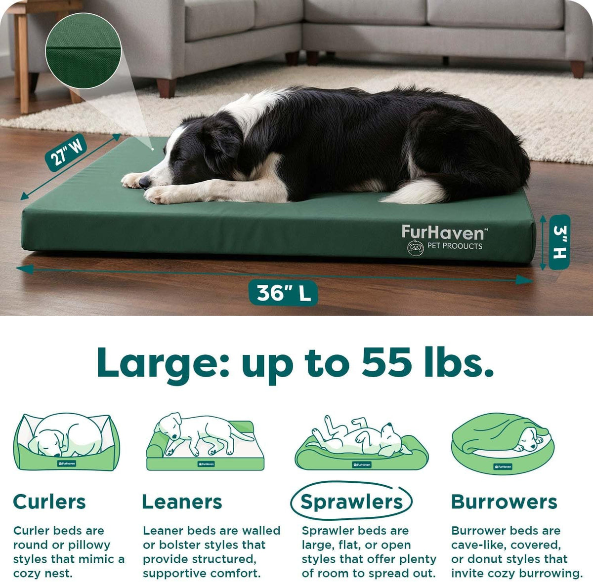 Furhaven Water-Resistant Orthopedic Dog Bed for Large/Medium Dogs w/ Removable Washable Cover, For Dogs Up to 55 lbs - Indoor/Outdoor Logo Print Oxford Polycanvas Mattress - Forest, Large