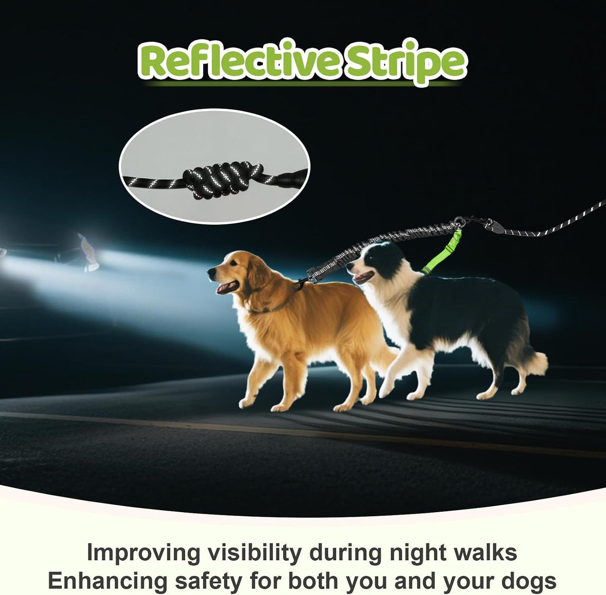 Double Dog Leash - 360°Swivel Tangle Free Splitter Attachment, 1 Rope with Handle, 2 Dogs Multi-Functional Leash, for Outdoor Walk Train Small Medium Large Two Pet, Green