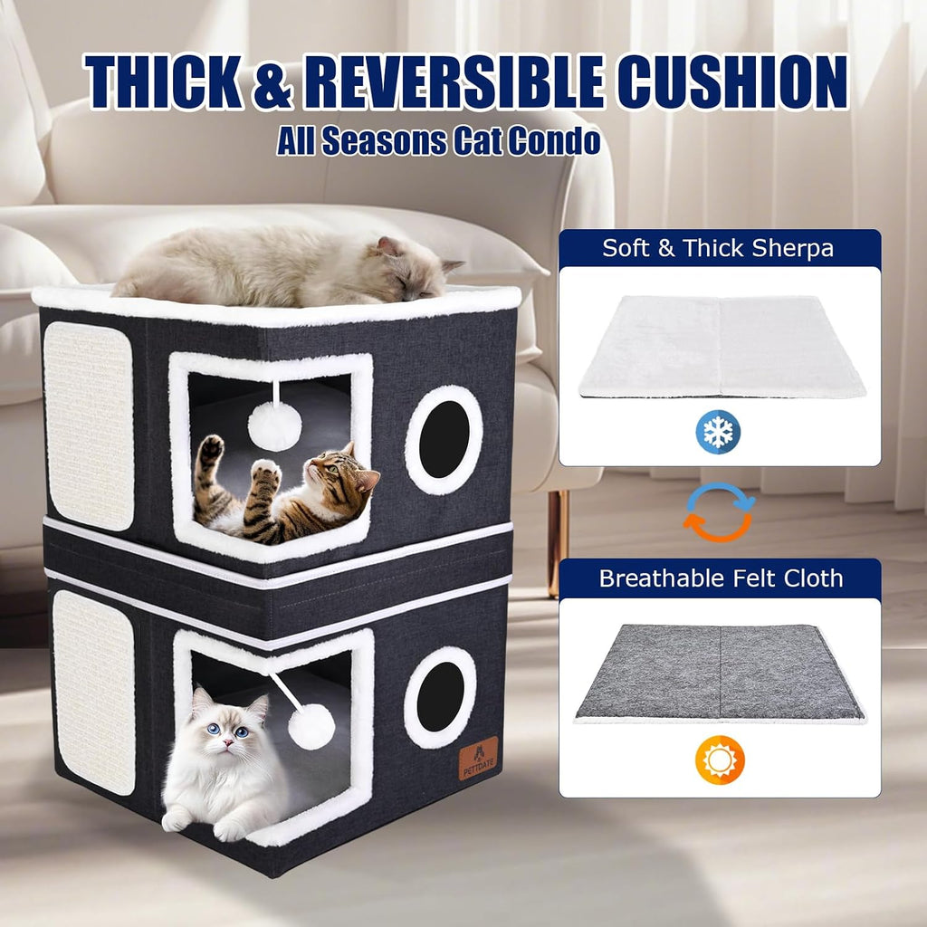 2-Story Cat House for Indoor Cats, Dual-Purpose Cat Cave Bed with Scratch Pad and Fluffy Ball, Foldable Cat Hideaway, Cute Cat Condo Furniture for Multi Small Pet Kitten, Dark Grey