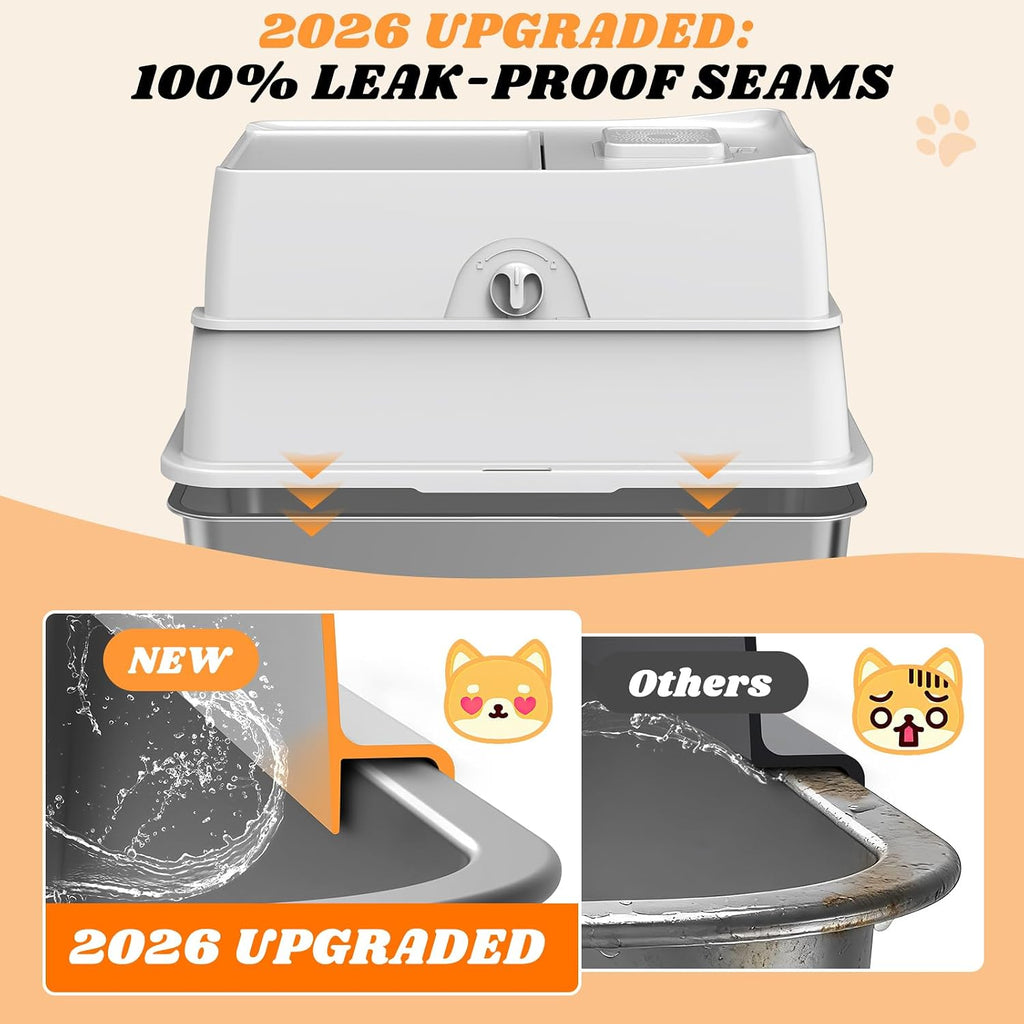 Stainless Steel Litter Box with Lid | Extra Large Enclosed Cat Litter Box | High Sided Metal Litter Boxes for Big Cats | 100% Anti-Urine Leakage | Odor‑Resistant | Non-Stick with Litter Scoop Set & Mat