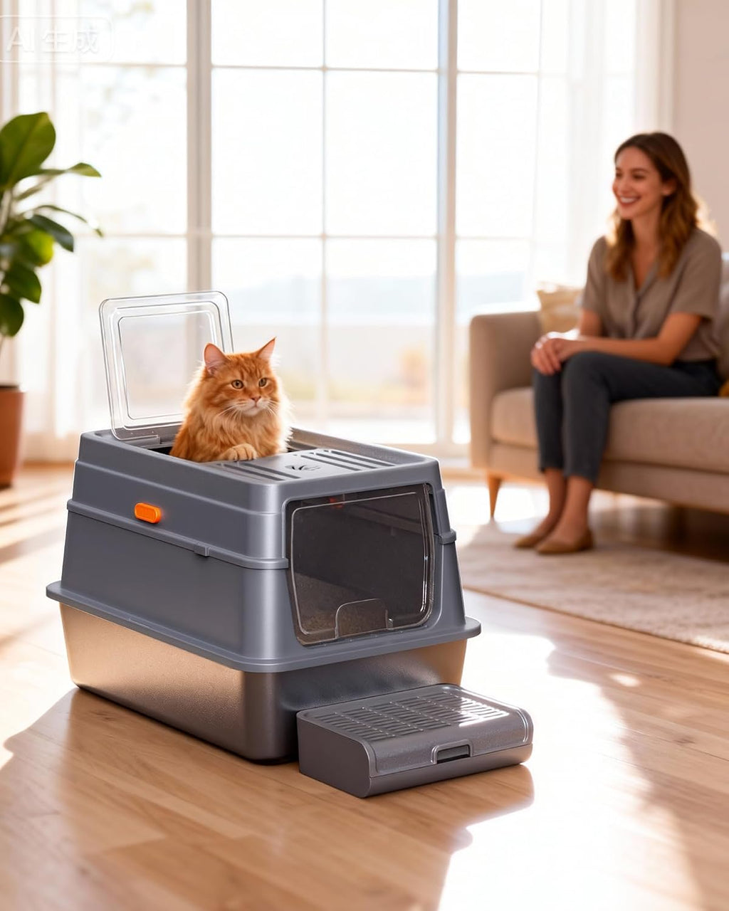 Powools Stainless Steel Enclosed Cat Litter Box, Elevated Step Box, Grey | 23.6 x 15.7 x 15.0 in, Metal Cat Litter Box with Lid, Litter Scoop, Activated-Carbon Pack, Non-Sticky, Easy to Clean