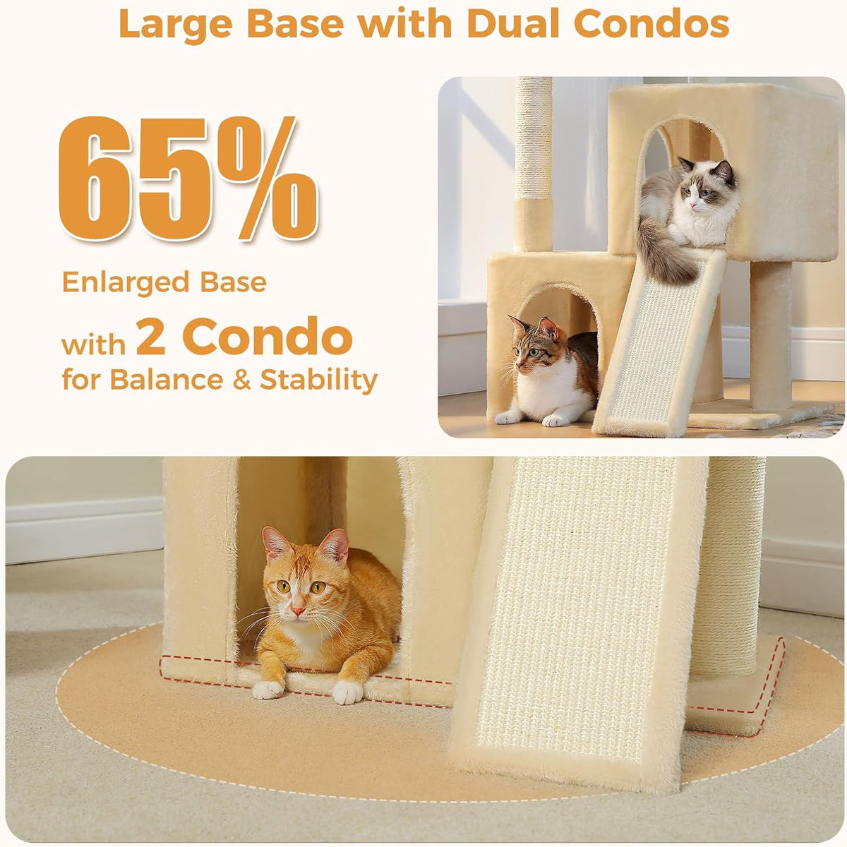 PAWZ Road Large Cat Tree, 45" Heavy Duty Cat Tower with Dual Condos, Beige