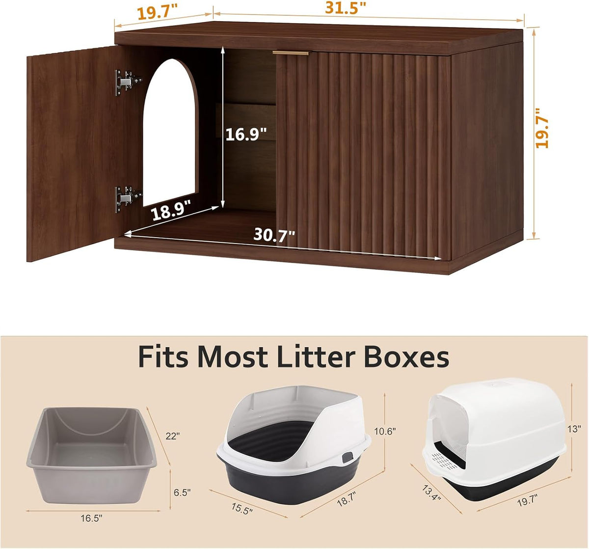 Homhedy Cat Litter Box Enclosure,Modern Fluted Accent,Reddish Brown