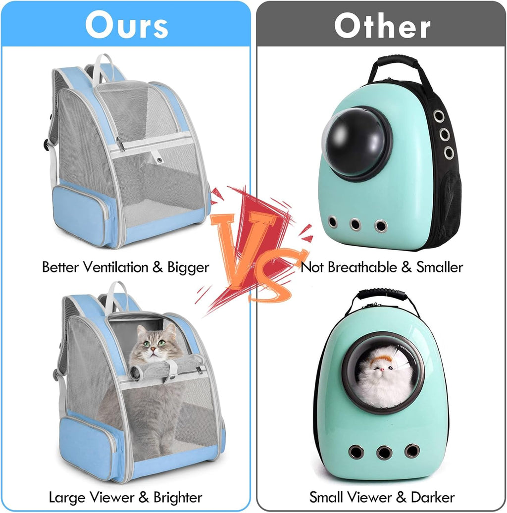 Cat Backpack Carrier, Small Dog Carrier Backpack with Fully Ventilated Mesh, Kitten Wand Feather Toy & Safety Leash, Collapsible Travel Hiking Pet Carrier for Small Dogs Cat Puppy Kitten Bunny (Blue)