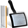 3-in-1 Long Pin Slicker Brush Set, Pet Grooming Kit, Black