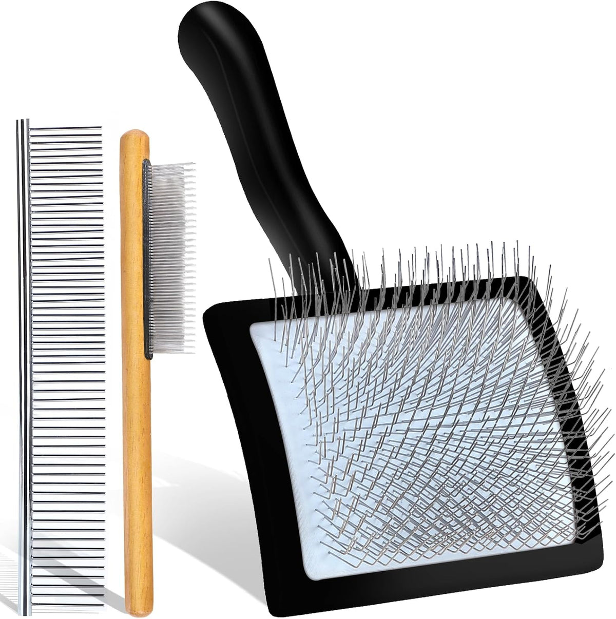 3-in-1 Long Pin Slicker Brush Set, Pet Grooming Kit, Black