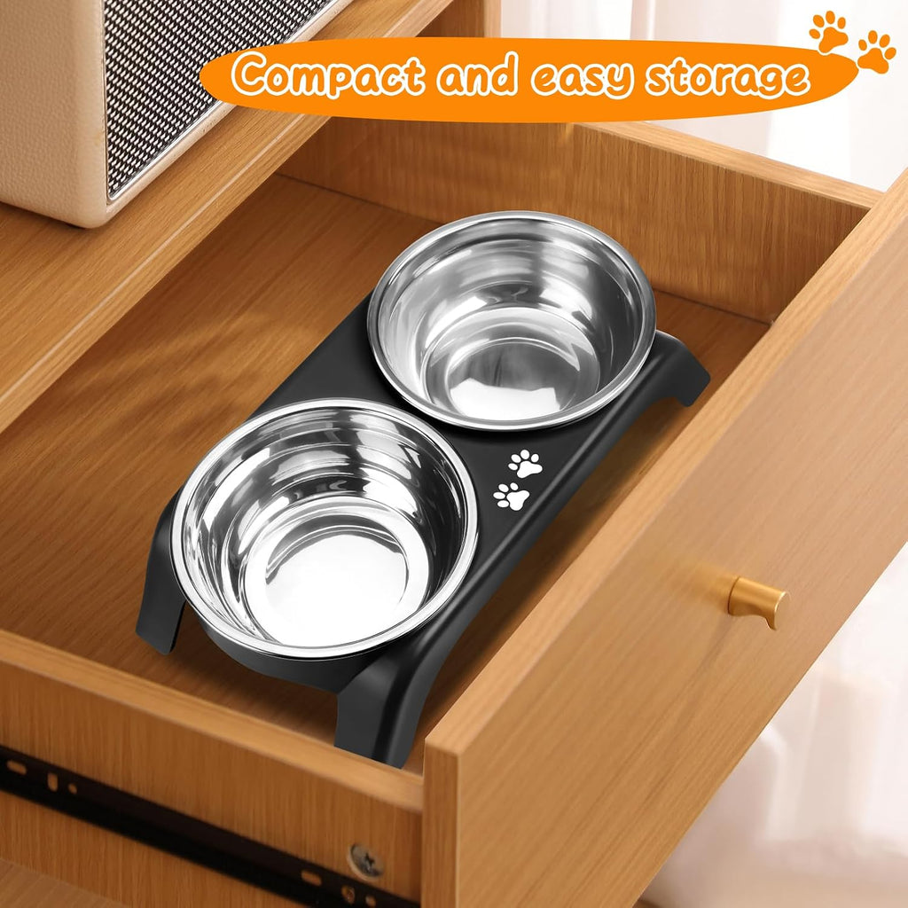 Elevated Dog Bowls for Small Dogs, 3” High Raised Dog Bowl Stand with Dual 5” Stainless Steel Bowls Non-Slip Pet Feeder for Puppy and Cats, Dishwasher Safe, Black
