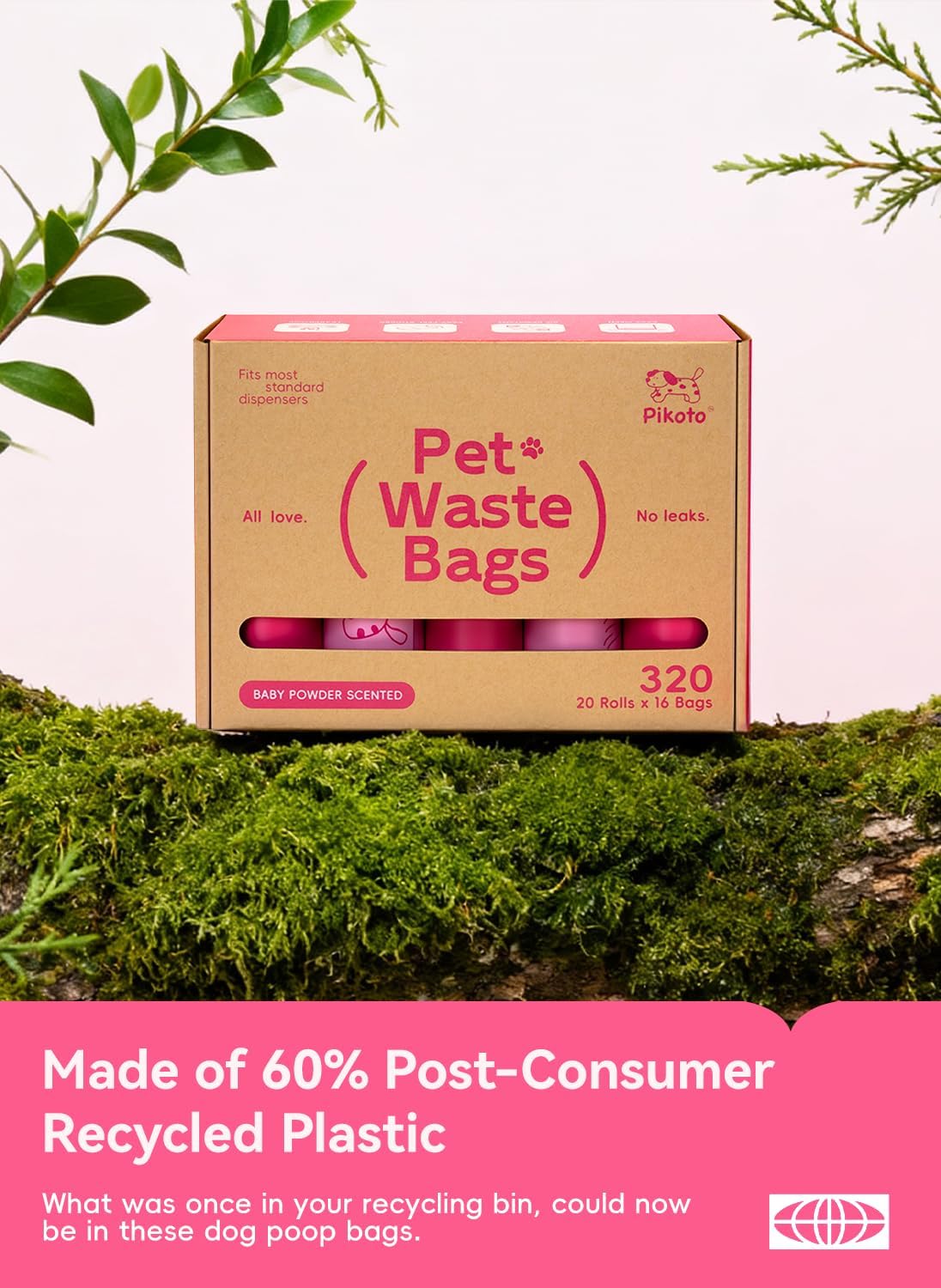 Dog Poop Bags Refill Rolls, 320 Bags, Pink | Baby Powder Scented, Extra Thick, 60% Recycled Plastic, Easy-Peel Sticker, 16 Bags Per Roll, Dual Pink Designs