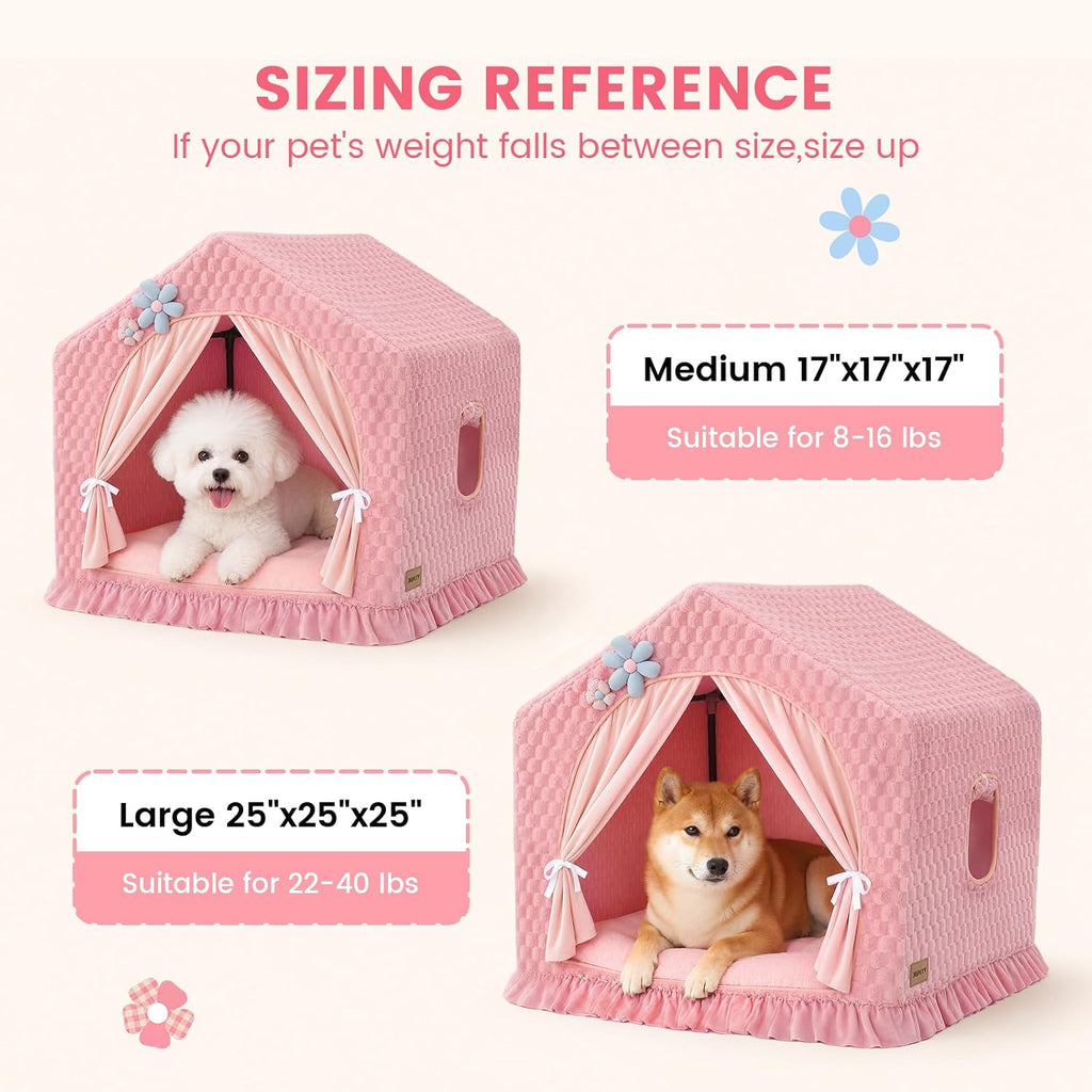 Indoor Dog House with Frame,Cute Large Dog Tent Bed with Cover Cave,Pink