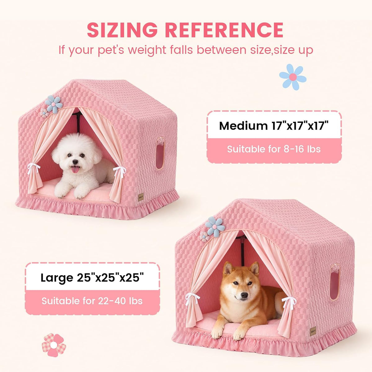 Indoor Dog House with Frame,Cute Large Dog Tent Bed with Cover Cave,Pink