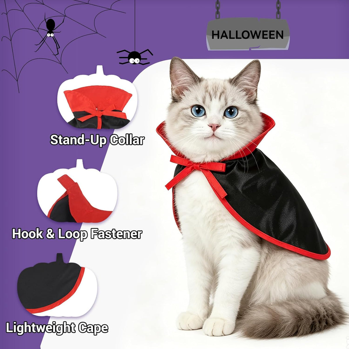 NAMSAN Pet Vampire Costume for Cats Small Dogs Rabbits, Halloween Cat Dracula Cape, Stand-Up Small Dog Vampire Cloak, Halloween Cat Outfit for for Holiday Party Cosplay Statue Decoration