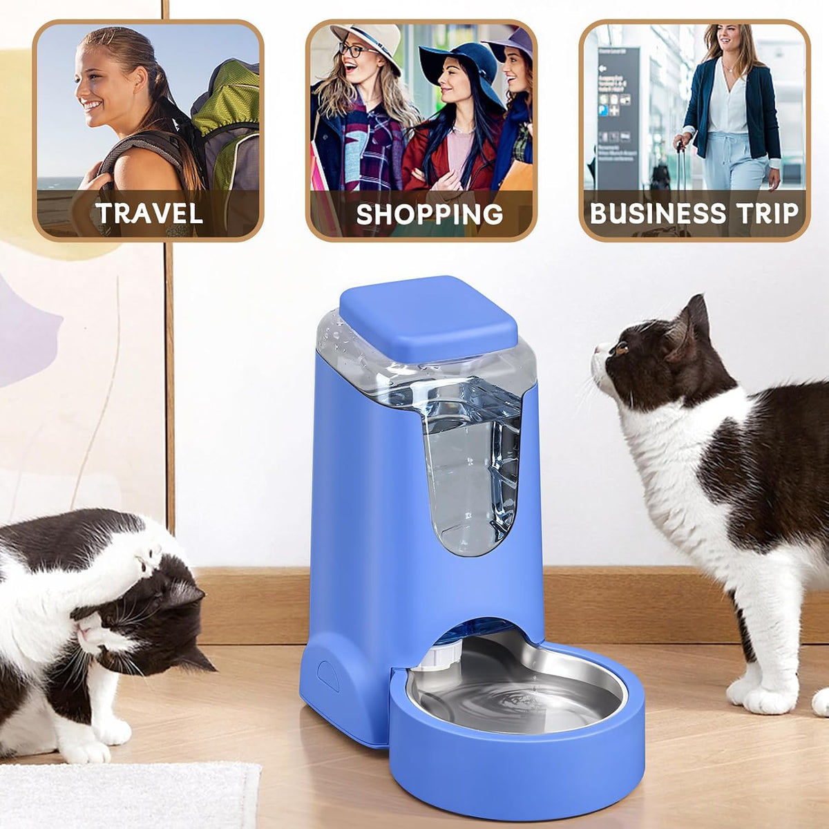 HWONMTE Portable Automatic Cat Feeder and Water Dispenser with Stainless Steel Bowl Dog Gravity Food Feeder and Waterer for Small Medium Pets Puppy Kitten 1 Gallon x 2 (Sapphire Blue)