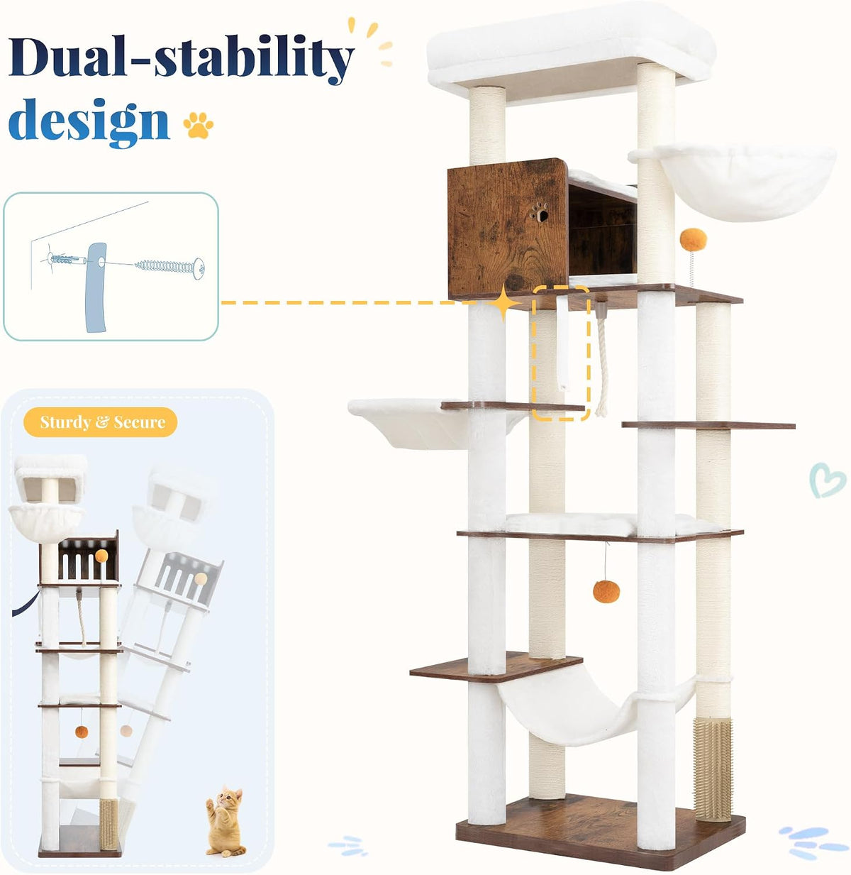 Hey-brother Wooden Cat Tree Tower with Rattan Condo, Large Platform, 2 Cozy Hammocks, Basket, Self-Grooming Brush, 9 Full Sisal Scratching Posts for Indoor Adult Cats, 73 Inches, Rustic Brown MPJ122SR