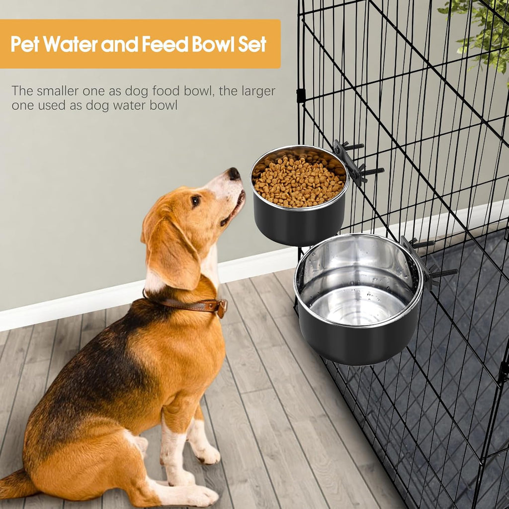 2 Pcs Stainless Steel Large Dog Crate Food Water Bowl, 77 & 45 OZ | Non-Spill, Detectable, Hanging Cage, Black Feeder Dish with Clamp Holder for Large Pets, Size 7.1x3.5'' & 6.3x2.6''