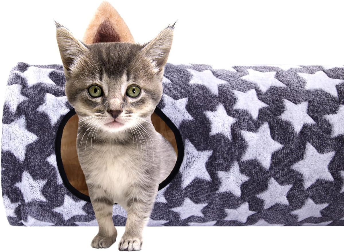 Cat Tunnel -Straight-Shaped, Gray Star Pattern, Soft Velvet Exterior, Oxford Fabric Fog-Proof Interior, Plush Toy Ball, Easily Washable, Conveniently Foldable, 47.2in/120cm