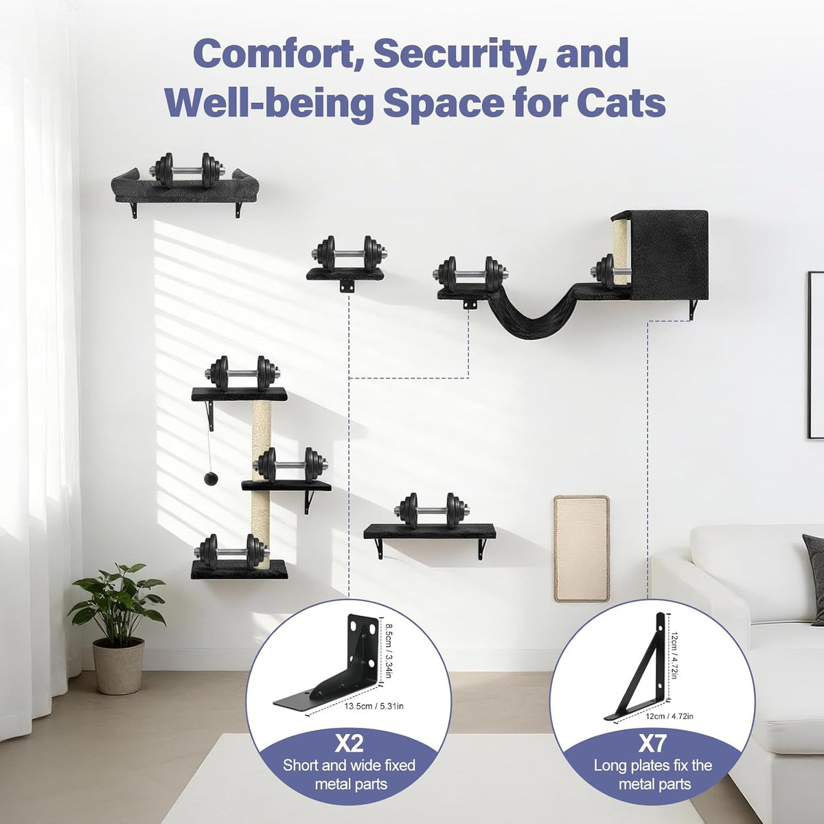 Cat Wall Shelves, Black, 6 in 1 Cat Furniture Set