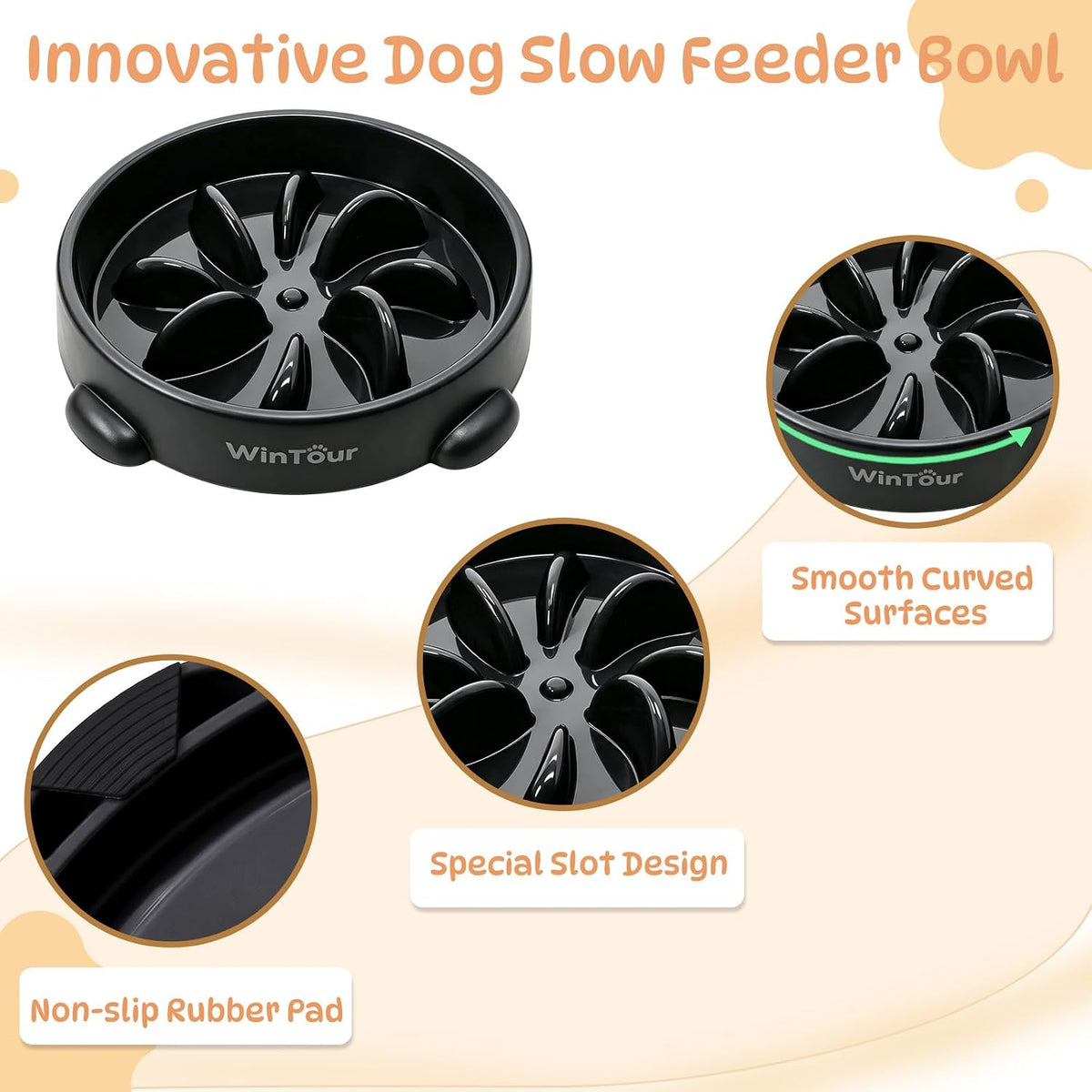 WinTour Slow Feeder Dog Bowls for Small Medium Pets, Round PP Dish, 1 Pack