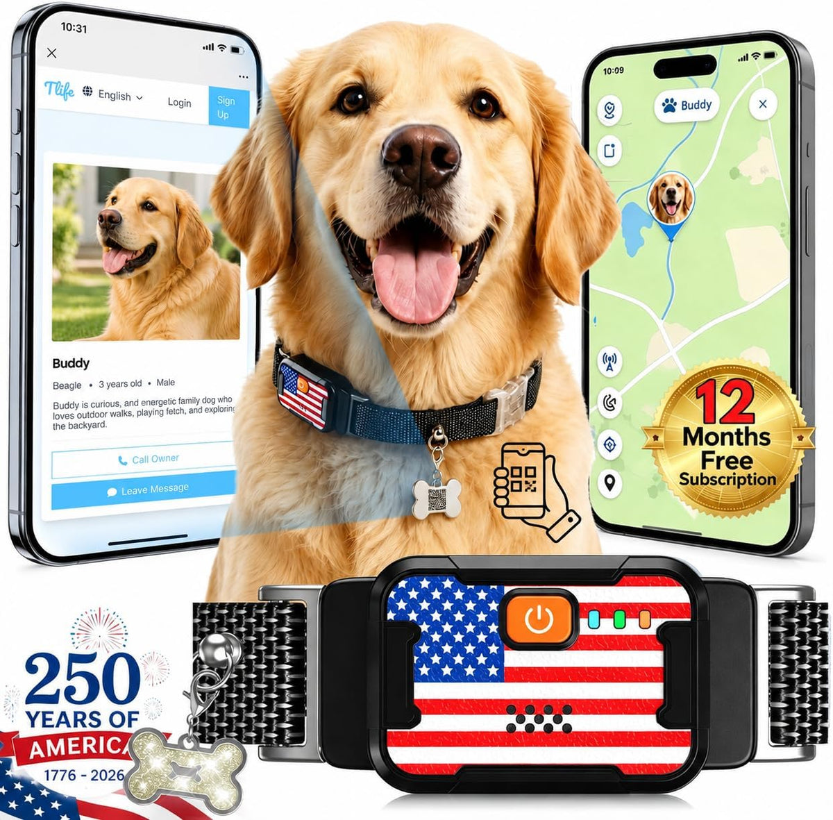 Smart Dog GPS Tracker, Complimentary 12-Month Subscription, Live Pet Tracker with Virtual Fence, Dog Tracker for Dogs with Health & Behavior Monitoring, Escape Alerts, with Virtual Fence, Black