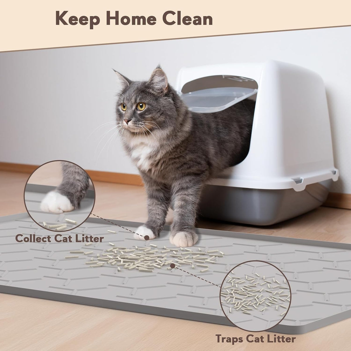 Garoopion Silicone Cat Litter Mat 34×22 inch, Easy to Clean, Gray | Waterproof Silicone Mat with Raised Edges, Catch Litter, Protect Floor from Urine, Multi-Use for Dog/Sink/Kitchen/Boots