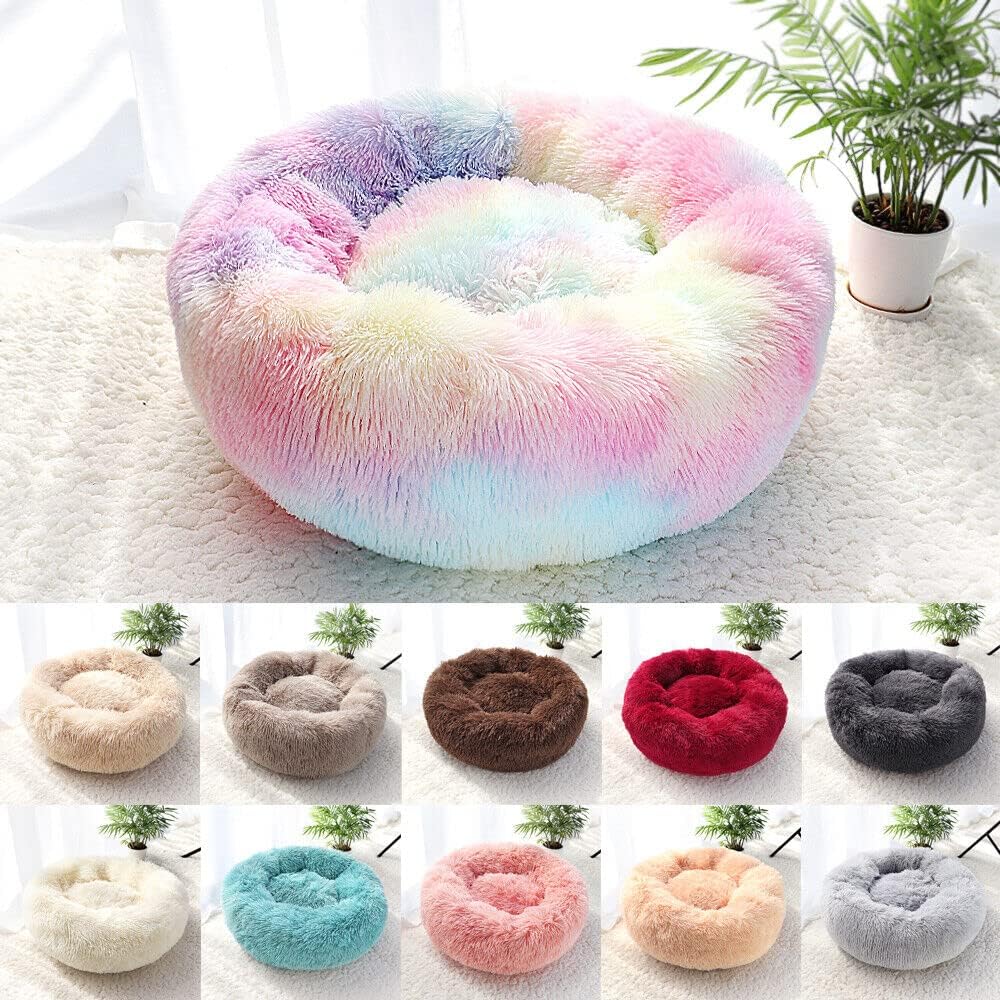 Cat Bed for Indoor Cats and Small Medium Dogs - Washable 20/24 Inches, Anti-Anxiety Round Fluffy Plush Faux Fur, Thick Bottom (Rainbow, Medium)