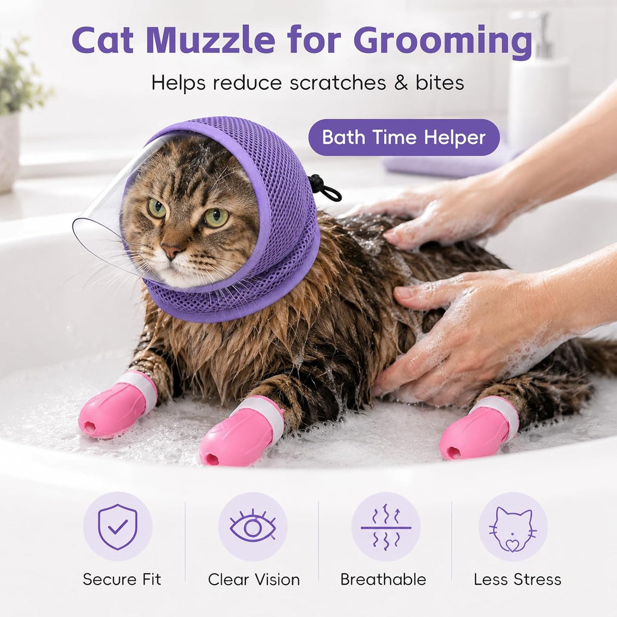 Cat Muzzle for Grooming with 4 Claw Cover, Breathable Cat Helmet for Biting