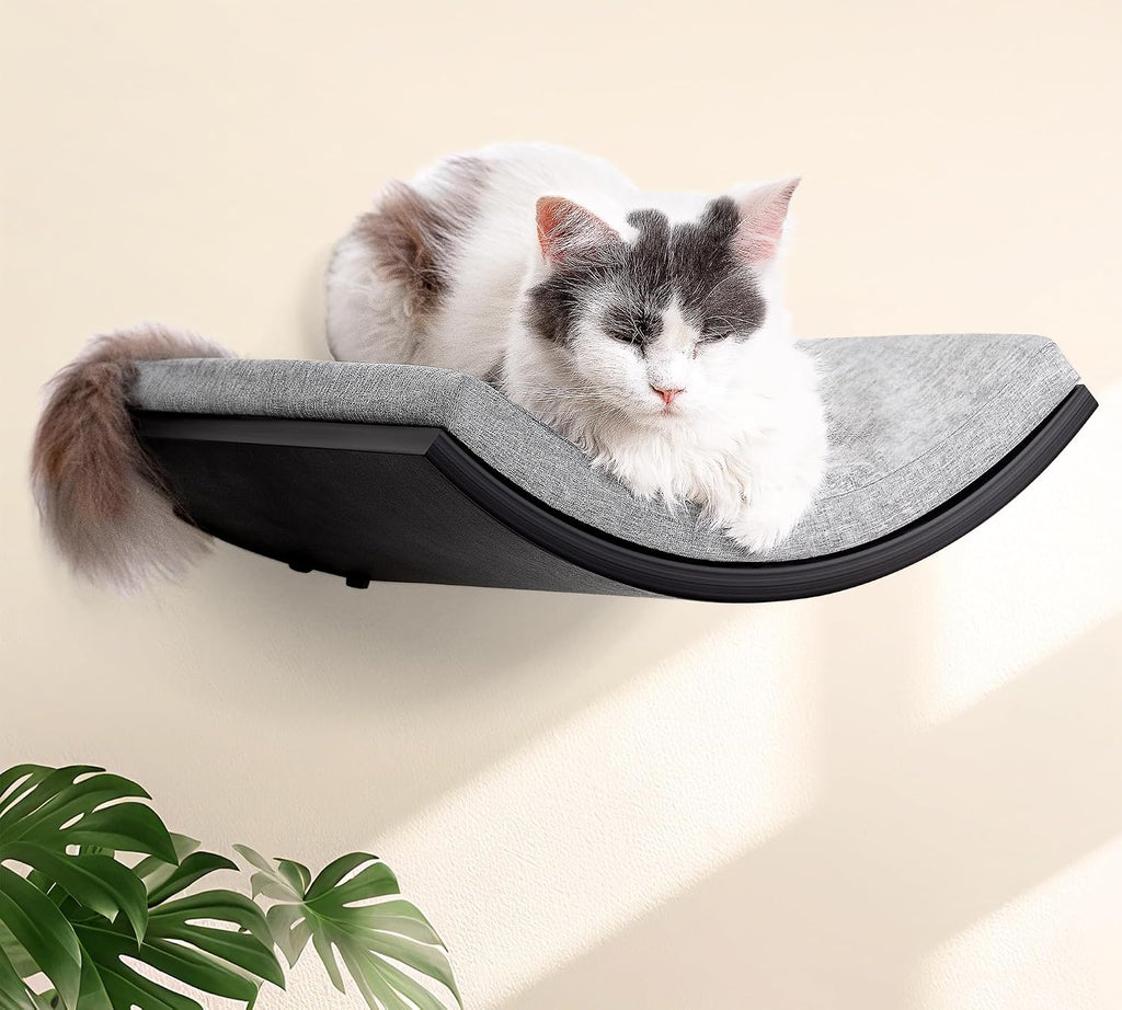Curved Cat Wall Hammock Bed with Grey Foam Cushion – Floating Cat Wall Shelf Nest for Climbing, Sleeping & Lounging