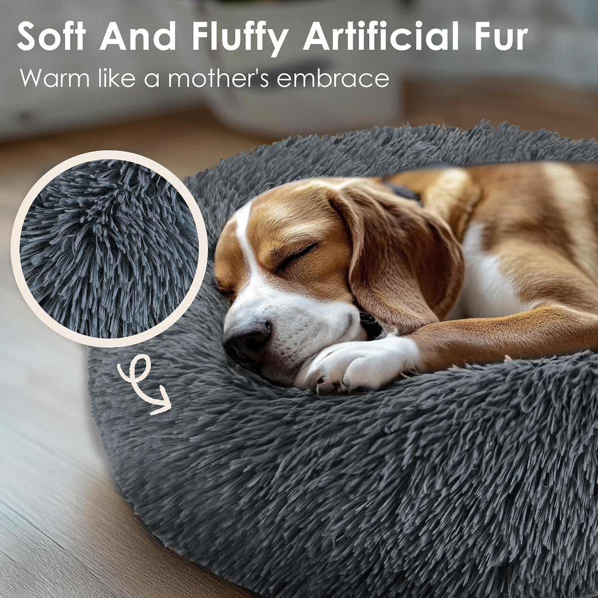 Dogs Bed for Small Dogs, Anti-Anxiety Washable Round Bed (24in Dark Grey)