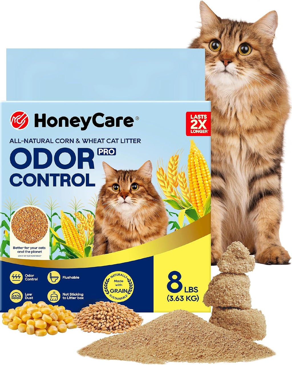 HONEY CARE All-Natural Corn & Wheat Clumping Cat Litter PRO, Flushable, Low Dust, Superior Odor Control, 8 lbs, Single Bag