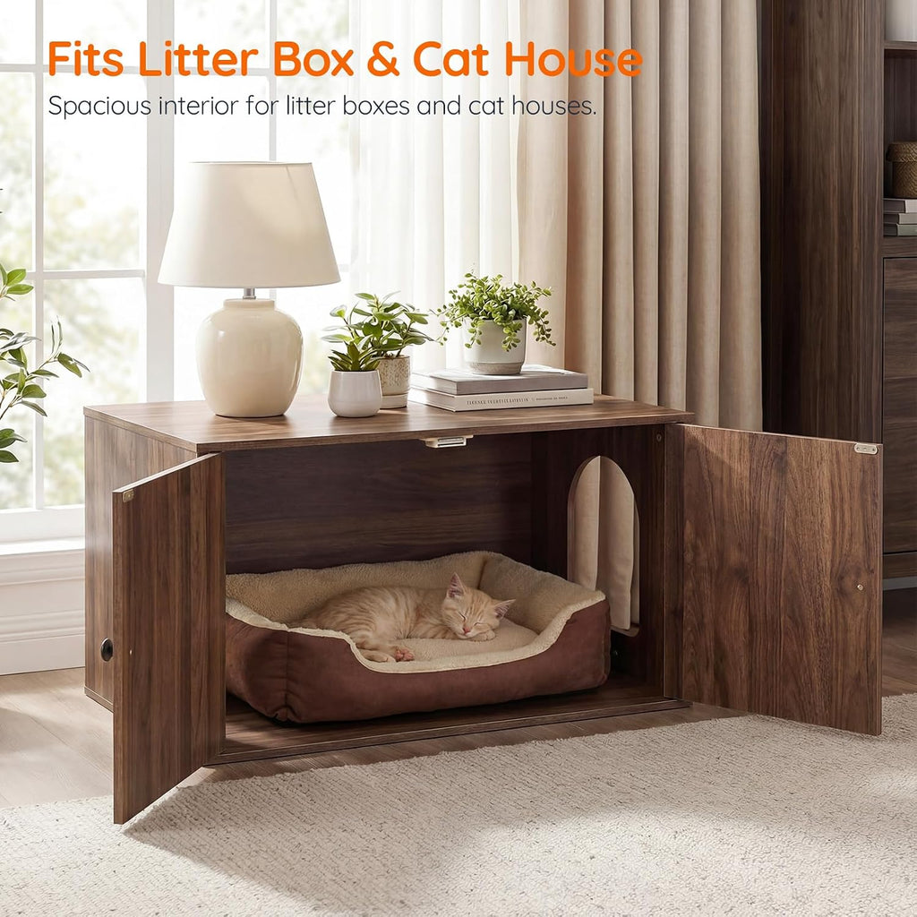 HOOBRO Cat Litter Box Enclosure, Hidden Litter Box Furniture with Side Entry, Litter Box Cabinet, Indoor Cat House, End Side Table, 31.5"L x 17.7"W x 16.3"H, for Living Room, Bathroom, Walnut WL40MW01