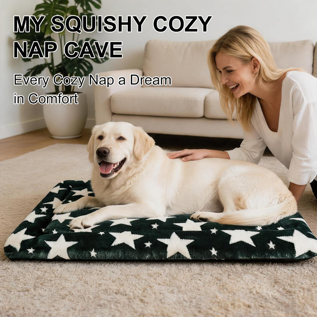 Dog Bed Mat, Reversible Crate Pad & Durable Dog Bed - Machine Washable Kennel Mat with Ultra Soft for Large Dogs (Big&Small Stars Green, 35" L*23" W*1.5" Th)