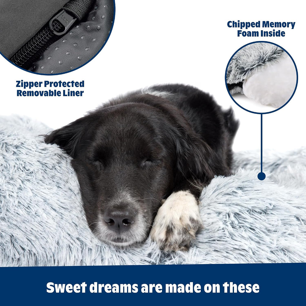 Barkbox Dog Bed, 2-in-1 Memory Foam Donut Cuddler Dog and Cat Bed, Calming Orthopedic Joint Relief Fur Crate Lounger for Pets, Machine Washable + Removable Cover, Waterproof Lining, Includes Toy