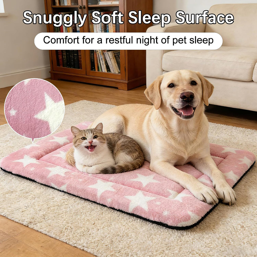 Dog Bed Mat – Soft & Comfortable Dog Kennel Pad for Crate – Durable Crate Bed & Mat for Dogs & Cats – Ideal for Crate, Kennel, and Home Use (Big&Little Stars Pink, L(35"*23"*1.5"))