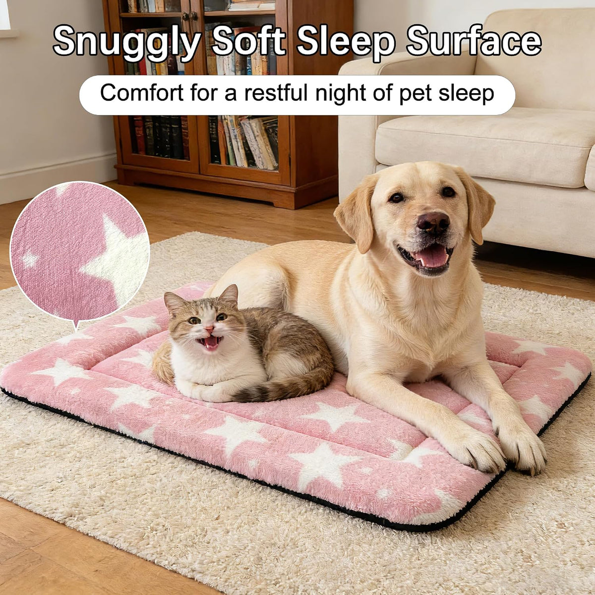 Dog Bed Mat – Soft & Comfortable Dog Kennel Pad for Crate – Durable Crate Bed & Mat for Dogs & Cats – Ideal for Crate, Kennel, and Home Use (Big&Little Stars Pink, L(35"*23"*1.5"))