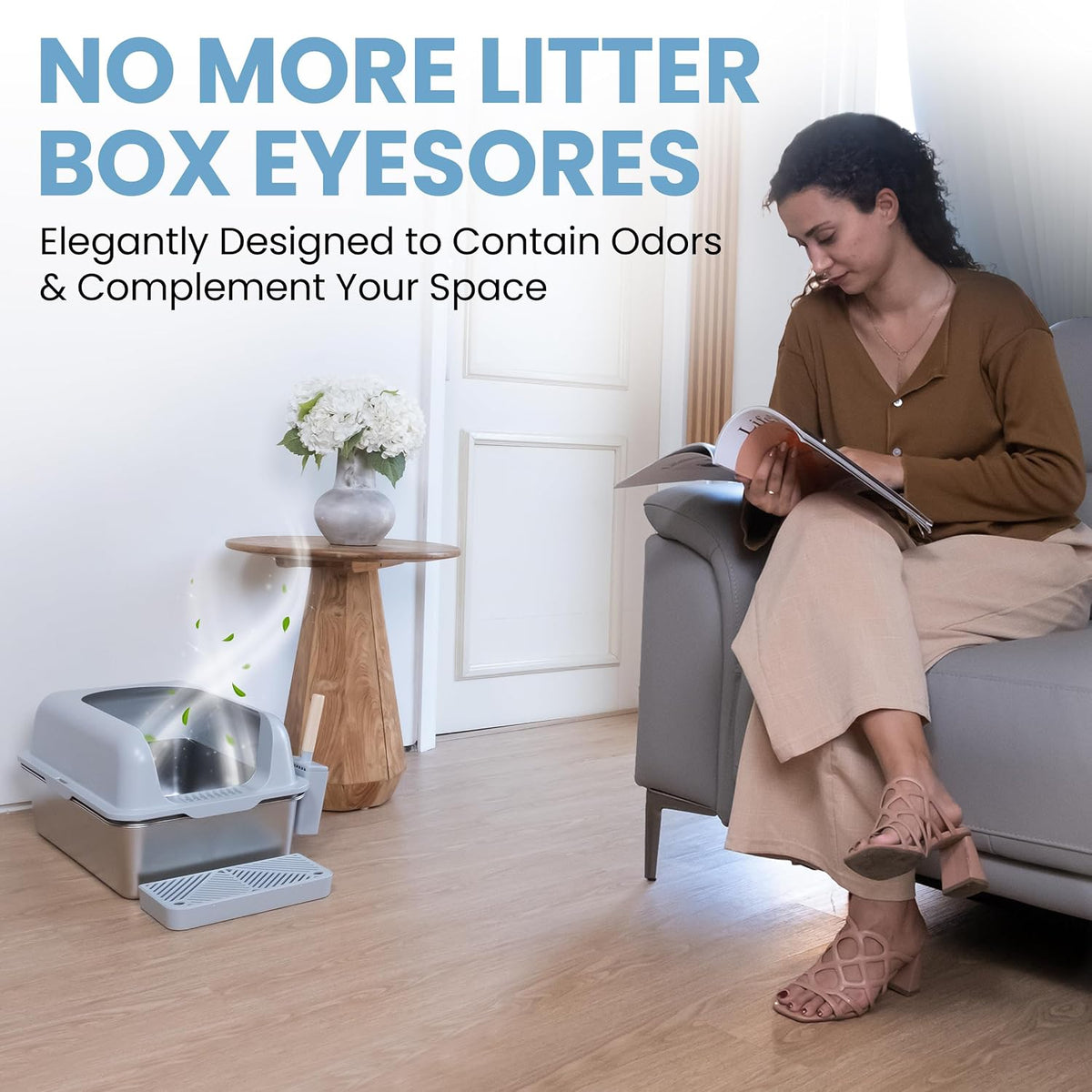 XL Stainless Steel Sifting Cat Litter Box with High Sides and Odor Control | Metal Cat Litter Box With Sifting Tray, Anti-Urine Splash Guard, Non-Slip Feet, Entry Step And Scoop Holder For Clean Homes
