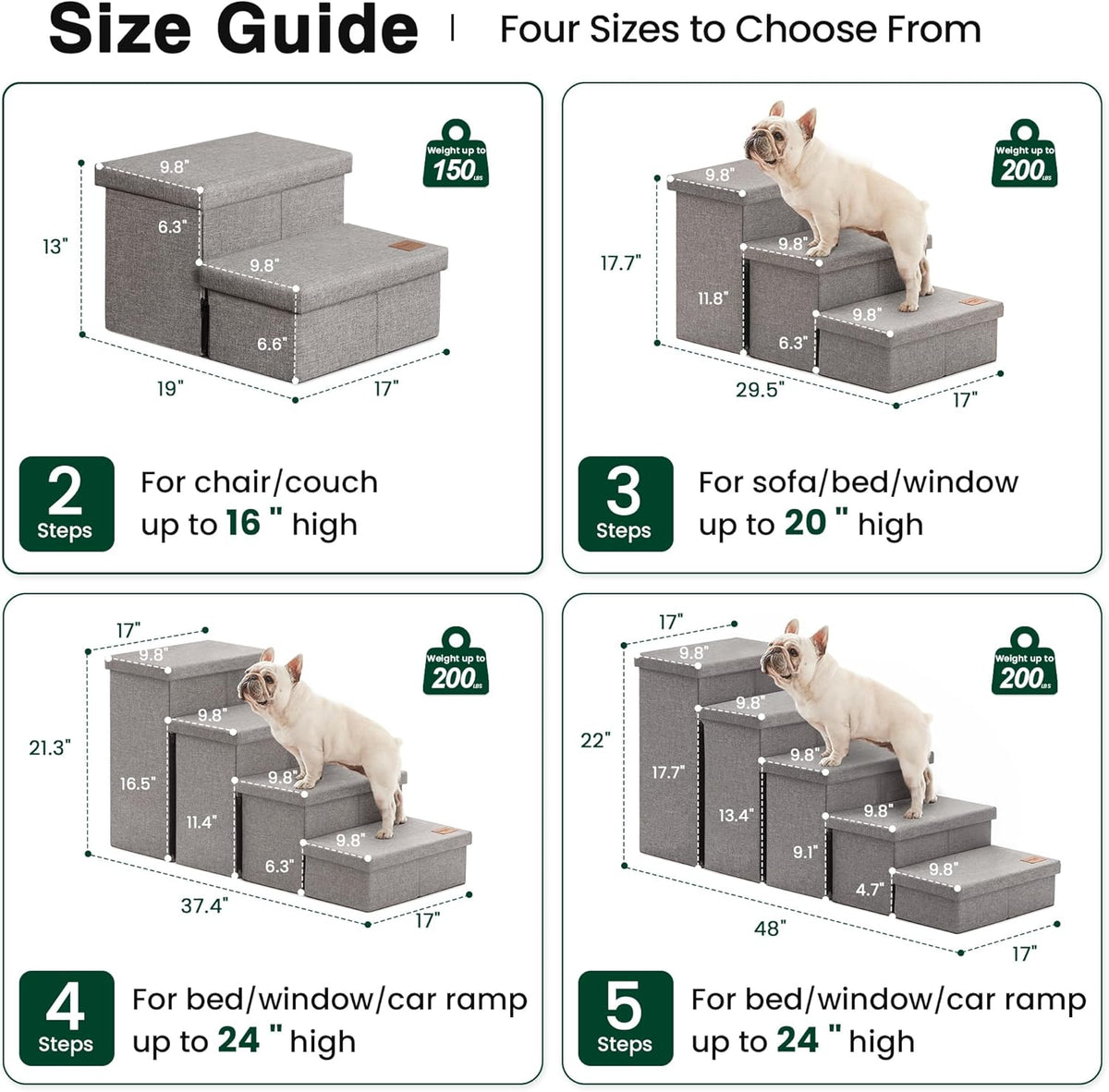 Love's cabin Dog Stairs for High Bed, Foldable Pet Stairs for Small Medium or Large Dogs Puppy with Storage for Bed or Couch, Cat Dog Steps Ramp with Zip up to 200 lbs, Solid Grey, 3 Steps