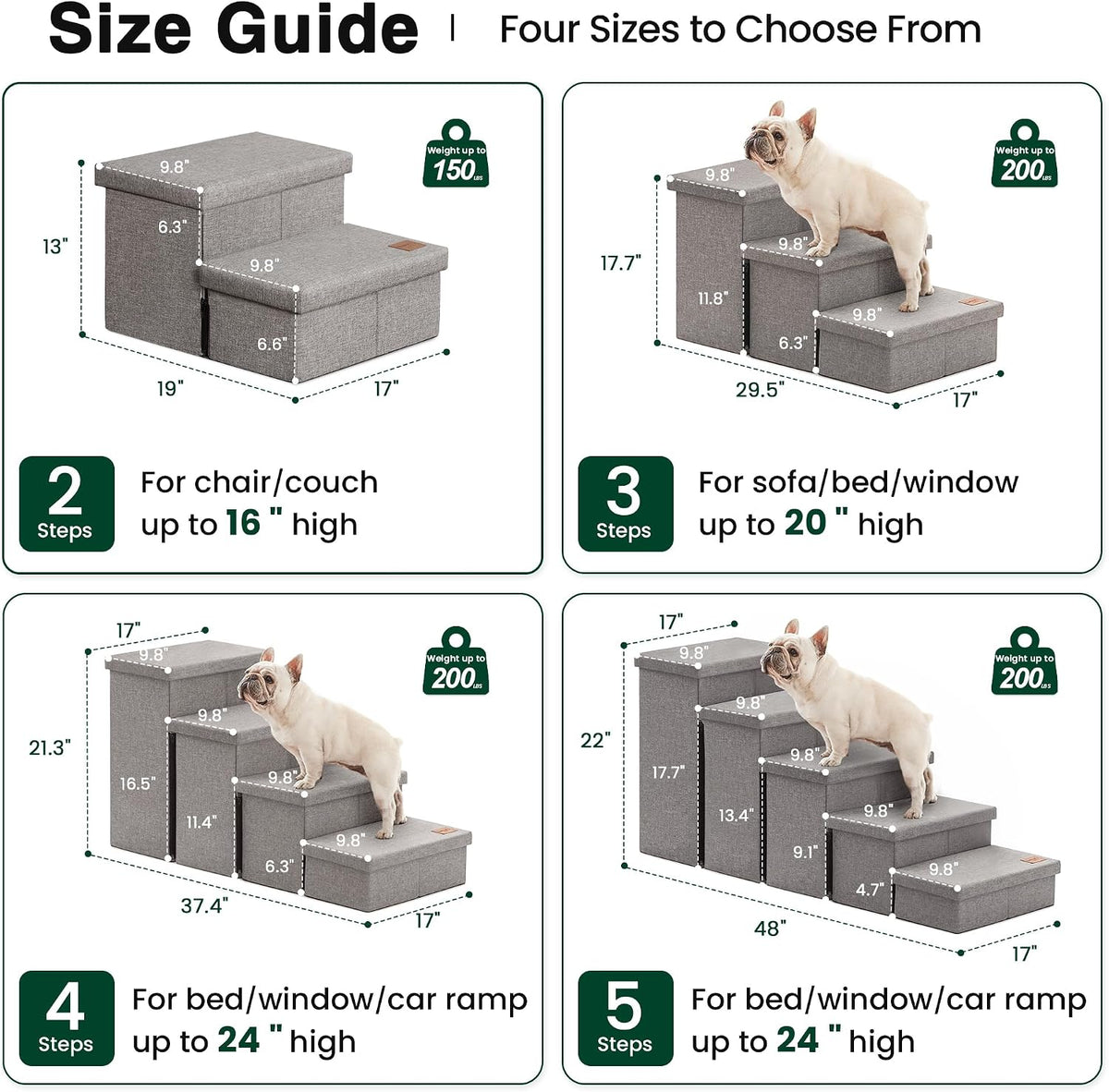 Love's cabin Dog Stairs for High Bed, Foldable Pet Stairs for Small Medium or Large Dogs Puppy with Storage for Bed or Couch, Cat Dog Steps Ramp with Zip up to 200 lbs, Solid Grey, 5 Steps