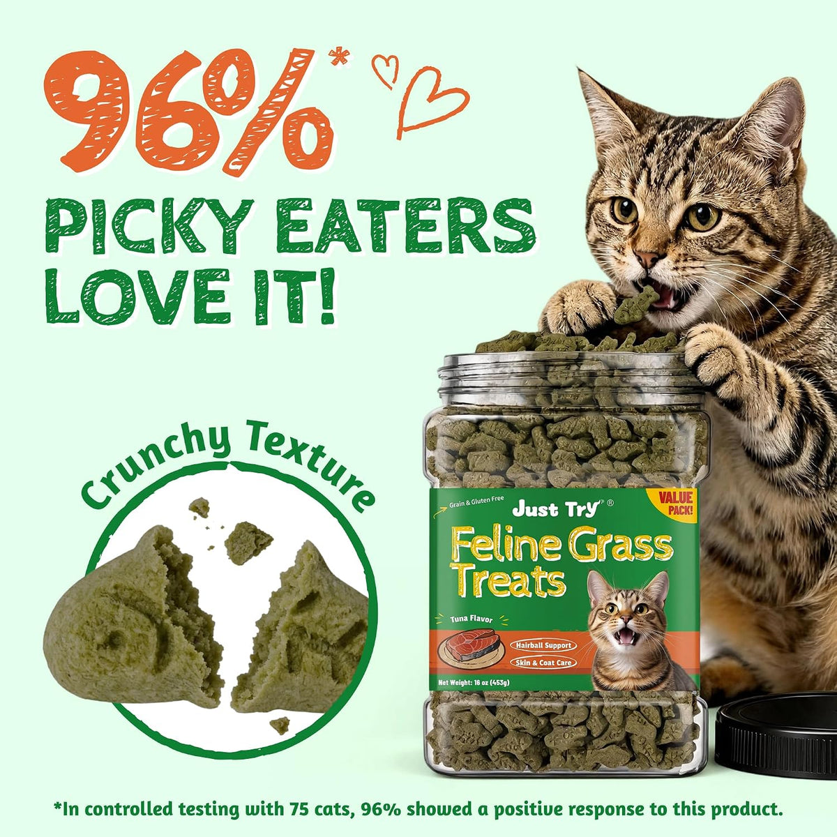 Just Try 16 oz Feline Grass Treats Tuna Flavor Hairball Treats for Cats