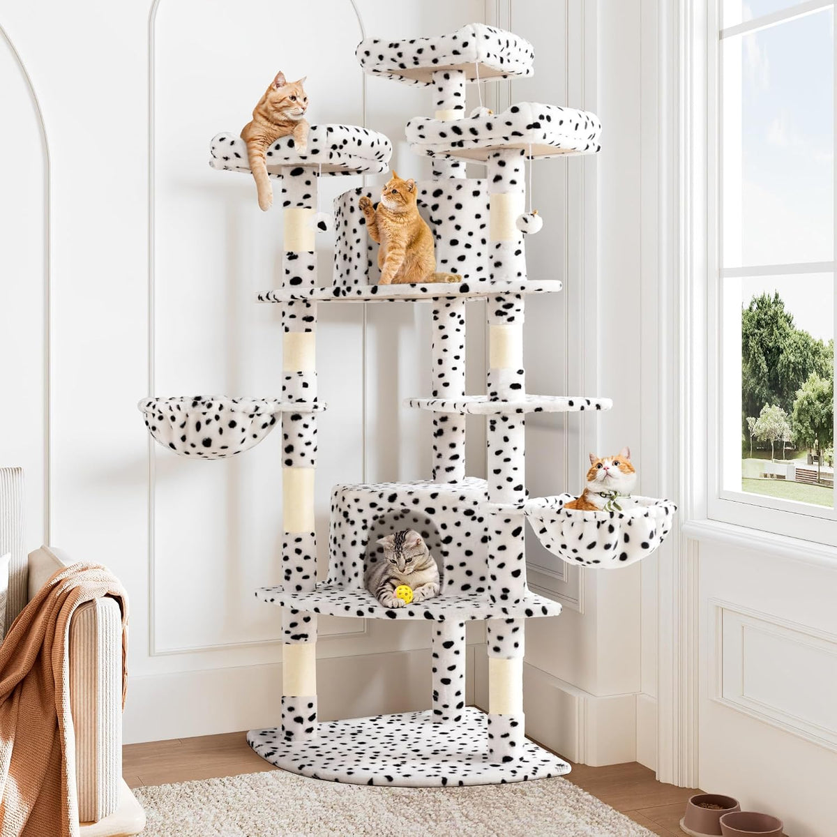 Allewie 73in Fan-Shaped Space-Saving Corner Cat Tower/Multi-Level Tall Cat Tree for Indoor Kitties/Cozy Baskets/Condos/House/Perches/Sisal Scratching Posts/Pet Activity Center/White & Black Spot