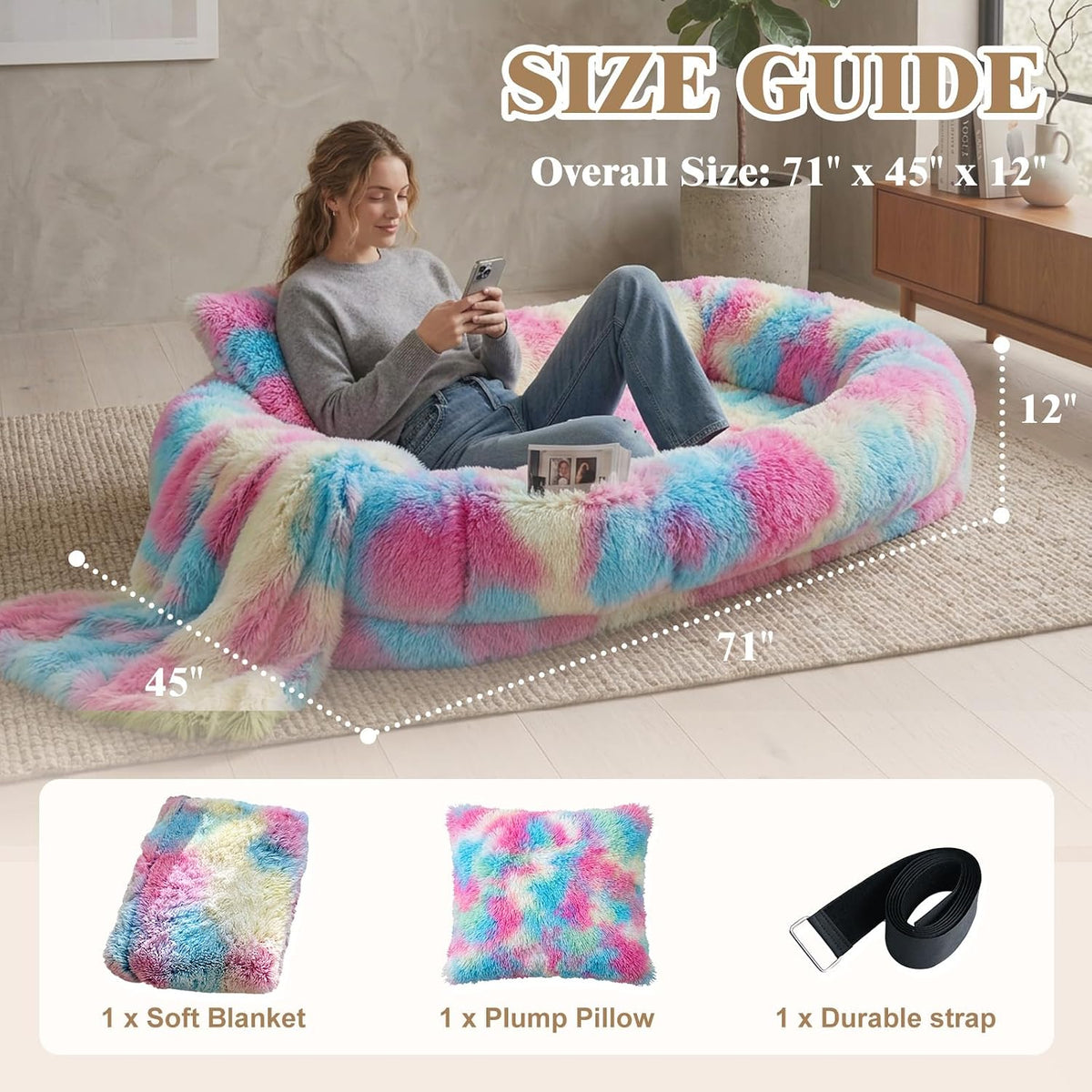 WROS Human Dog Bed for Adult, 71"x45"x12" Giant Calming Nest Beds, Rainbow