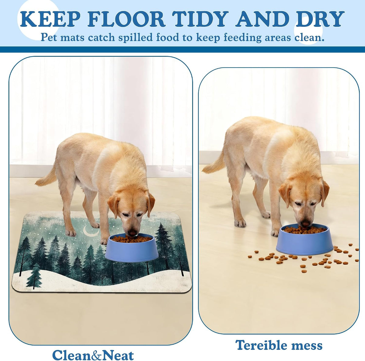 Mysty Winter Fores Pet Feeding Mat–Quick Dry Absorbent Dog Cat Food Mat, Non Slip Waterproof Bowl Placemat for Messy Eaters, Pet Accessories for Floors 16"x24"