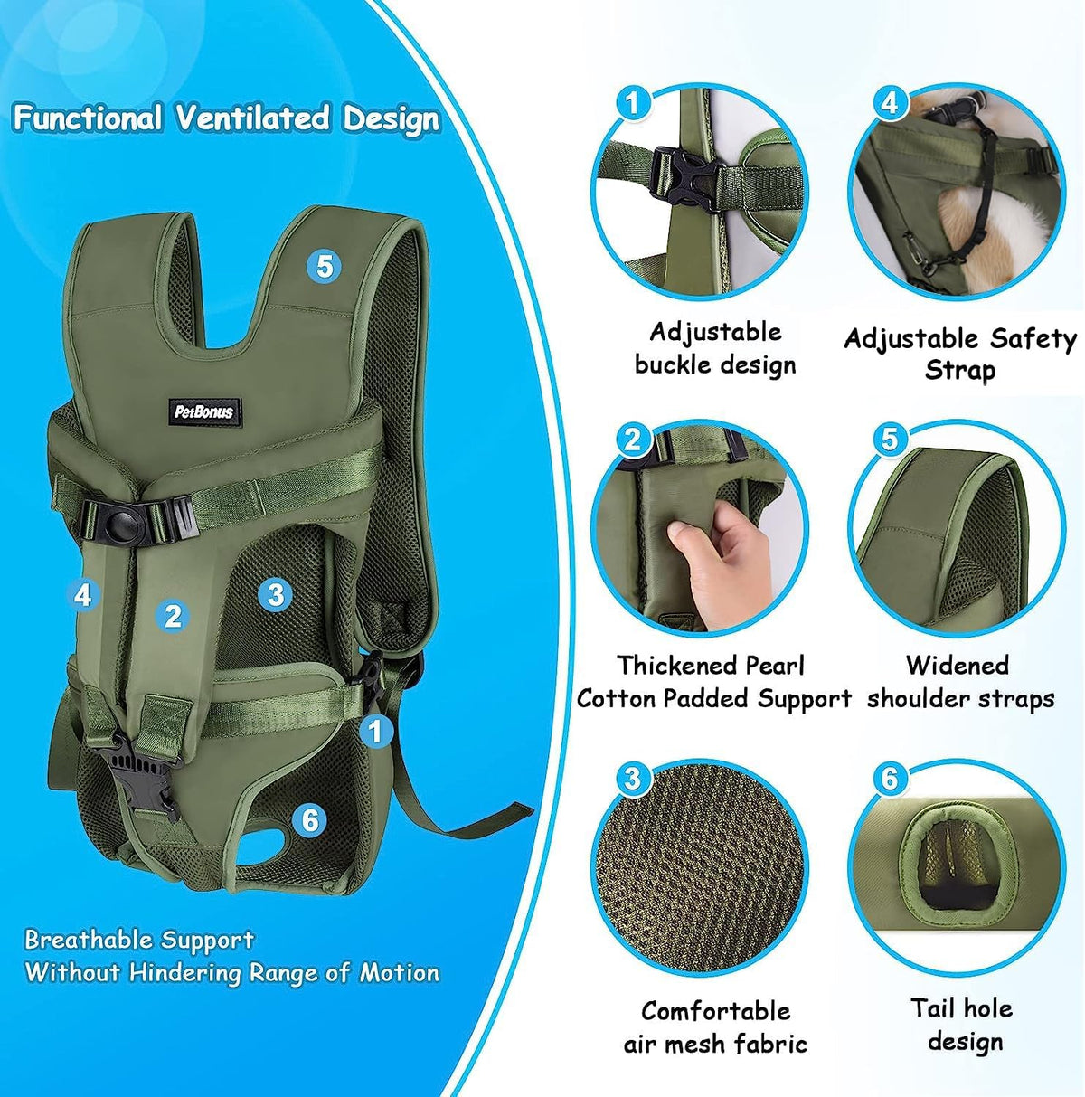 PetBonus Pet Front Dog Carrier Backpacks, Adjustable Pet Backpack, Legs Out Easy-fit Puppy Chest Carrier for Medium Small Dogs, Hands Free for Hiking, Cycling (Army Green, M)