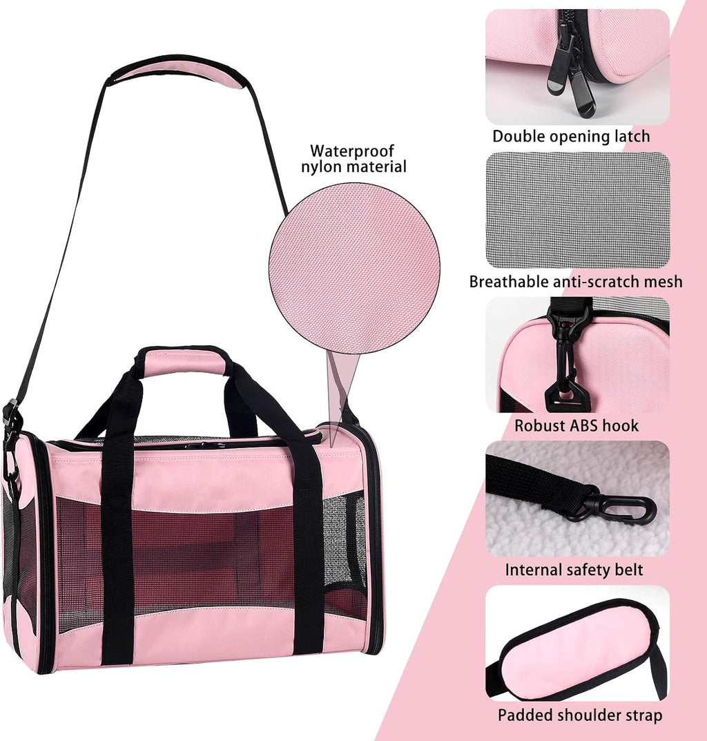 Cat Carrying Case - Pet Carrier Airline Approved, Protable and Breathable Pet Travel Carrier Removable Fleece Pad, Collapsible Cat Carrier Dog Carrier for Medium Cats Small Cats Dogs (Medium, Pink)