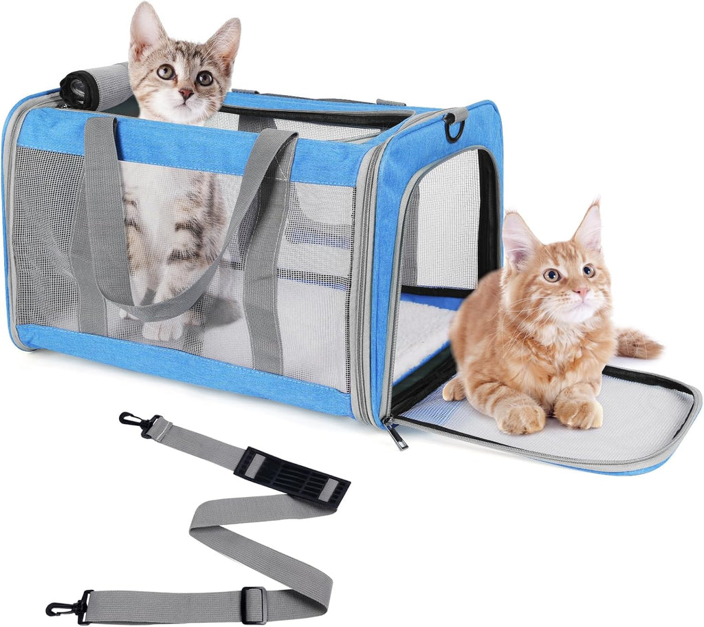Pet Carrier for Large Cats of 20 Lbs, Collapsible Carrier Bag for Big Cat or 2 Kittens,Soft Sided Puppy Carrier with Sturdy Travel Transport Strap, Adequate Ventilation, 4 Mesh Windows (Blue)